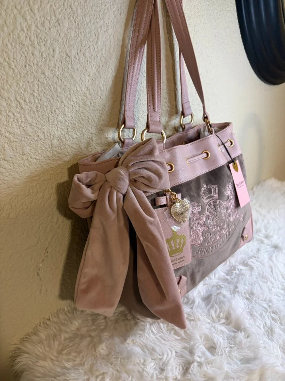 Juicy Couture Classic Scottie Dogs Daydreamer Tote Iced Coffee Dusty Bow NWT
